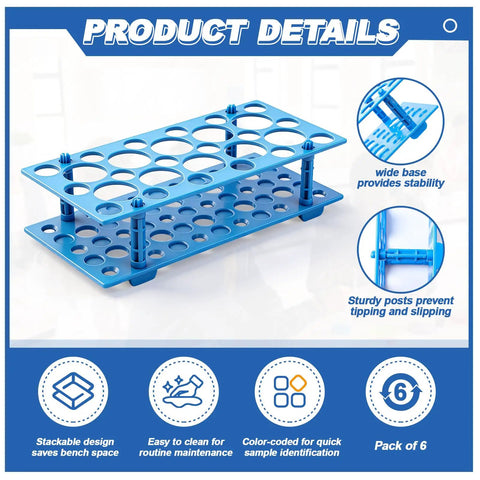 Six Pack 28 Well Test Tube Rack Set For 10 mL 15 mL And 50 mL Tubes Detachable Plastic Stand With Color Coded Rims