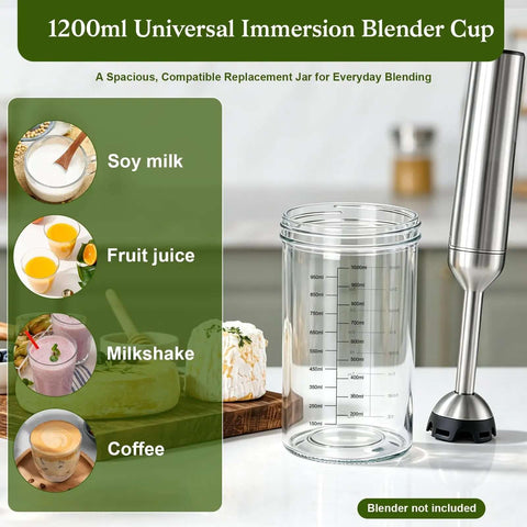 40 Oz Glass Blending Cup For Immersion Blenders With Dual Sealed Lids Wide Mouth Measuring Beaker For Smoothies And Kitchen Prep showing clear measurement markings.