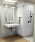 Bathroom with Commercial One-Handle Lavatory Faucet Chrome Finish With Duralast Ceramic Cartridge, wall-mounted sink and shower area.