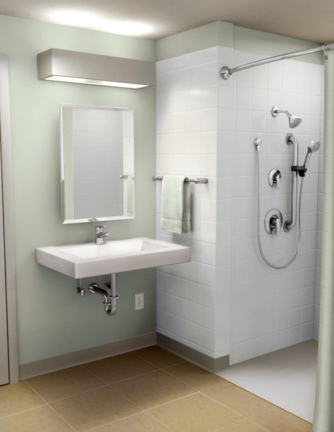 Bathroom with Commercial One-Handle Lavatory Faucet Chrome Finish With Duralast Ceramic Cartridge, wall-mounted sink and shower area.