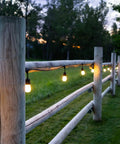 Wooden fence with globe lights hanging using Heavy Duty Outdoor String Light Hanging Kit 200ft 304 Stainless Steel Wire Rope Tension Cable
