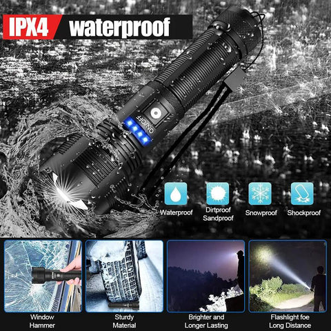 Rechargeable 8000 Lumen LED Flashlight With Zoomable Beam IPX4 Water Resistant Handheld Tactical Light for outdoor use.