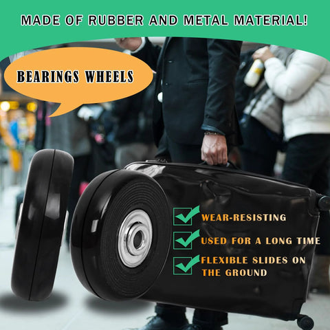 8 Piece Luggage Replacement Wheel Set With Rubber Swivel Casters And Ball Bearings next to suitcase