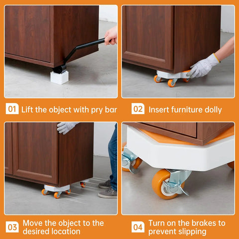 Steps to use Heavy Duty Furniture Dollies With 360 Degree Rotating Rubber Wheels to move a cabinet on smooth floors.
