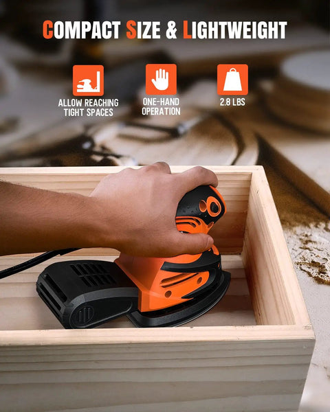 Straight Shooting Electric Detail Sander With Heavy Duty Dust Extraction And Ergonomic Palm Grip for tight spaces use, 2.8 lbs.