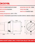 Diagram of 22mm maintained 3 position selector switch with dimensions and specifications for industrial control panels.