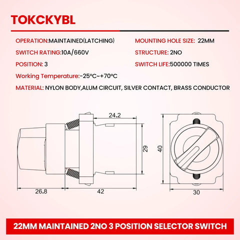 Diagram of 22mm maintained 3 position selector switch with dimensions and specifications for industrial control panels.
