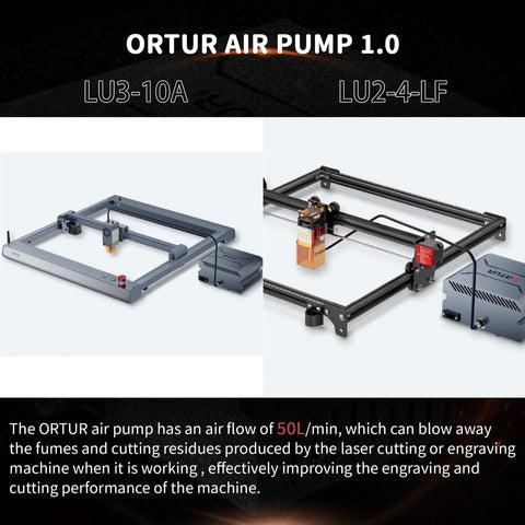 ORTUR air assist pump kit for laser cutter; gray frame with control box and tubing (two setups shown)