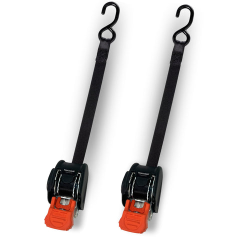 Mini G3 Self Retracting Ratchet Straps Set, 1400 Lb Break Strength, 1 Inch Wide, 6 Foot Reach, 2 Pack with hooks visible