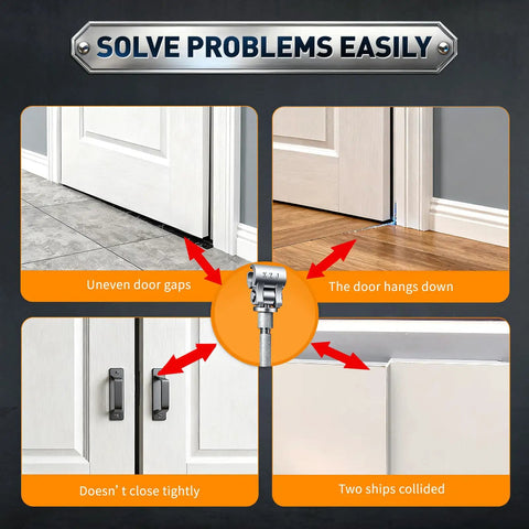 Diagram showing the New Gen Pro Grade Door Hinge Adjustment Tool fixing uneven and misaligned door gaps efficiently.
