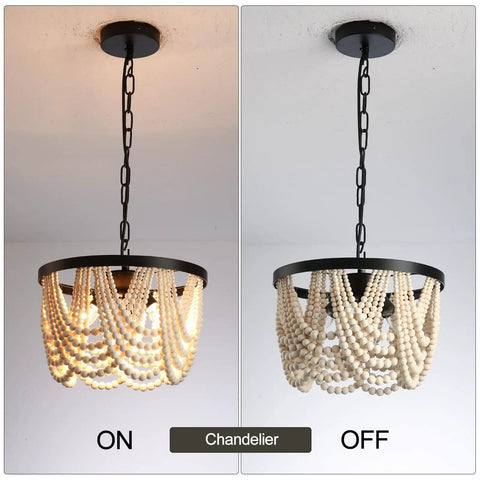 Farmhouse Boho Flush Mount Ceiling Light Three Light Wood Bead Chandelier Black Metal Hanging Pendant Lighting shown lit and unlit