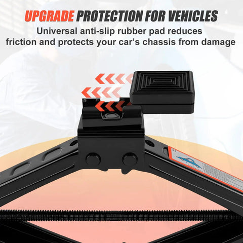 Close-up of anti-slip rubber pad on Heavy Duty Two Ton Scissor Jack With Four Thousand Four Hundred Nine Lb Capacity and Dual Rubber Grip Pads.