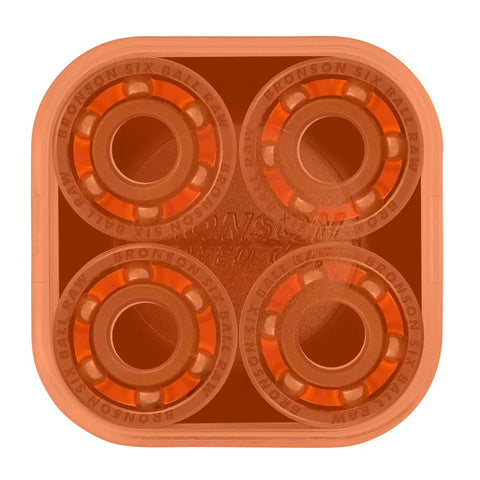 Premium 6 Ball Skateboard Bearings For Pro Riders in orange, showcasing four raw roller units with open design.