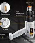 Heavy Duty 1500W Heat Gun Kit With 3 Temperature Levels And Cooling Mode Includes 5 Nozzles For Crafts highlighted features