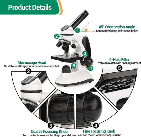 Kids And Adults Microscope Kit With 40X To 2000X Magnification, Dual LED Illumination, ergonomic design details view