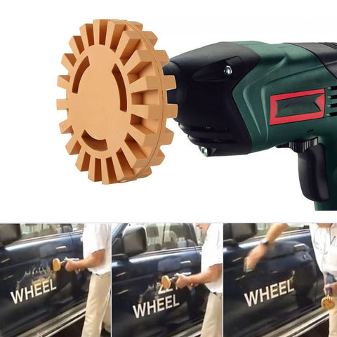 4 Inch Decal Remover Eraser Wheel Kit With Drill Attachment used on car door to remove vinyl decals