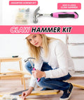 Woman using Pink Tool Kit For Women 140 Piece Home DIY Essentials In A 14 Inch Storage Bag hammer for household repair.