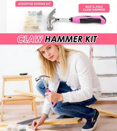 Woman using Pink Tool Kit For Women 140 Piece Home DIY Essentials In A 14 Inch Storage Bag hammer for household repair.