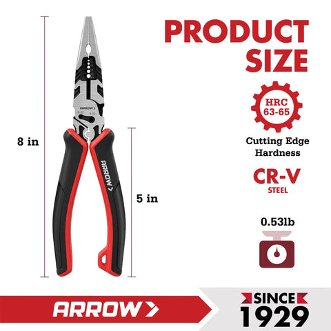 Six In One Needle Nose Pliers With Wire Stripper Crimper And Cutter Do It All Eight Inch Multi Tool, size details and CR-V steel