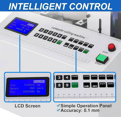 Industrial Grade Automatic Heat Shrink Tube Cutter Machine With Microcomputer Control For High Speed Electric Tubing And Sleeving Cutting Up To Ninemillimeters Width Wide Precision Slicing Tool with LCD control panel and buttons.