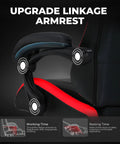 Ergonomic High Back Gaming Chair With Height Adjustable Recline 300 Lbs Capacity Linkage Armrests Lumbar Support Built For Long Gaming Sessions And Home Office Red, focusing on upgraded linkage armrest.