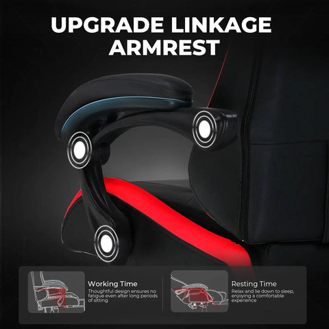 Ergonomic High Back Gaming Chair With Height Adjustable Recline 300 Lbs Capacity Linkage Armrests Lumbar Support Built For Long Gaming Sessions And Home Office Red, focusing on upgraded linkage armrest.
