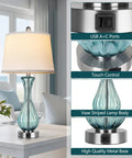 Coastal Glass Table Lamp Set Of 2, 27.5 Inch Blue Nautical Bedside Lamps With White Linen Shade, USB A and C ports, touch control