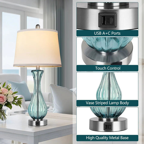 Coastal Glass Table Lamp Set Of 2, 27.5 Inch Blue Nautical Bedside Lamps With White Linen Shade, USB A and C ports, touch control