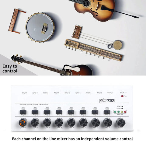 8 Channel Stereo Line Mixer For Sub Mixing With Ultra Low Noise Operation, Independent Channel Volume Controls, instruments