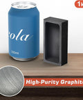 Front view of a 1kg graphite ingot mold beside a blue 330ml can on a wooden table; close-up graphite texture inset.
