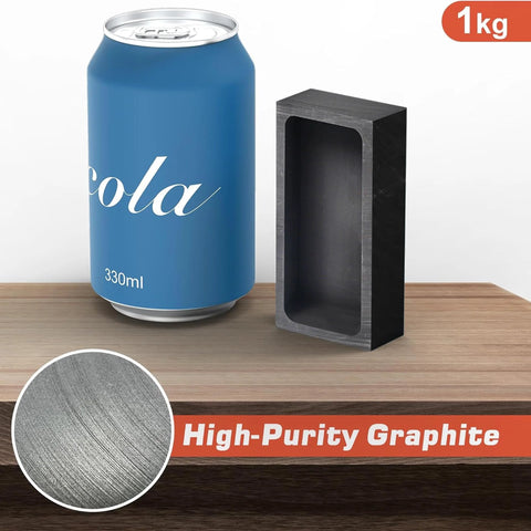 Front view of a 1kg graphite ingot mold beside a blue 330ml can on a wooden table; close-up graphite texture inset.