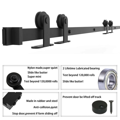 Close-up of 6.6Ft Antique Top Mount Double Sliding Barn Door Hardware Cabinet Kit Black Finish With 79.2In Track showing rollers