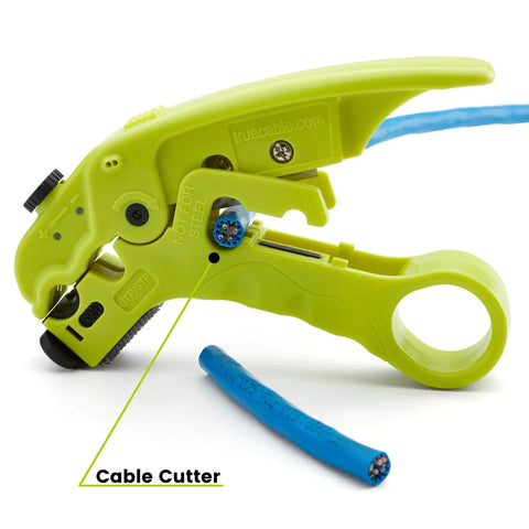 Pro Grade Wire Stripping And Cutting Tool For Ethernet Cabling And Coax Adjustable Blade Depth, showing cable cutter and wire