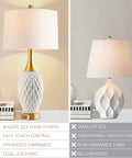 Ceramic Table Lamp With USB Port And Touch Control, 3 Way Dimmable Bedside Lamp, Wave Geometric Design, White Shade And Gold Base.