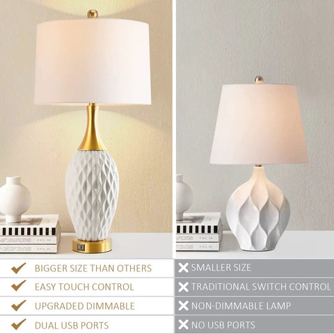 Ceramic Table Lamp With USB Port And Touch Control, 3 Way Dimmable Bedside Lamp, Wave Geometric Design, White Shade And Gold Base.