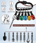 6 Piece 1/4 Inch Hex Shank Aluminum Bit Holder Set With Quick Change Extension Bar Keychain Drill Adapter displayed.