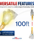 100Ft Outdoor Indoor Extension Cord 3 Outlet Heavy Duty 12 Gauge 3 Conductor SJTW Waterproof Flexible Cold Weather Power Cord 15A 125V 1875W Yellow For Home Garage DIY Jobs, illuminated ends
