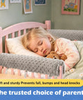 Child asleep with Easy-Install Toddler Bed Rail Bumpers in grey, memory foam guardrail for loft and bunk beds, anti-bump design.