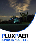 Night scene with car parked under a starry sky near desert landscape, featuring Pluxpaer tagline 'A Plus In Your Life'.