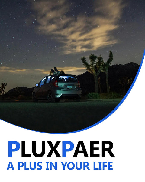 Night scene with car parked under a starry sky near desert landscape, featuring Pluxpaer tagline 'A Plus In Your Life'.