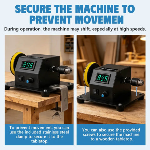 Straight Up Heavy Duty 4 In 1 Mini Disc Sander Electric Tabletop Grinder secured with clamp on wooden tabletop.