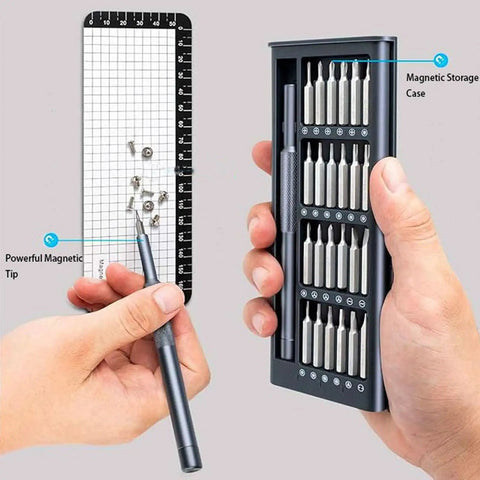 Top Notch 25 In 1 Precision Screwdriver Set With Magnetic Bits For Glasses Phones Smart Watches And Laptops Heavy Duty Steel Mini Repair Kit in hand with magnetic storage box.