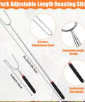 All In One Campfire Gear Set With A 32 Inch Roasting Stick, showing adjustable roasting sticks with measurements and features
