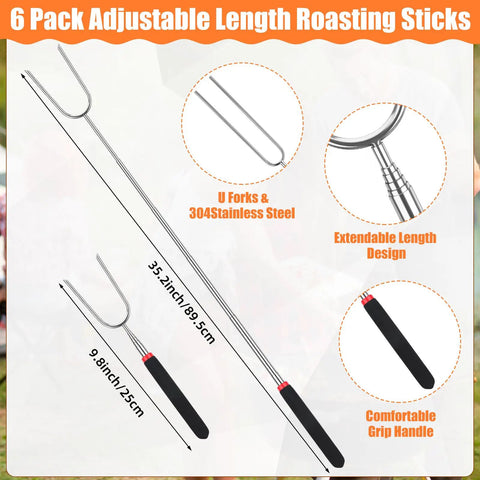 All In One Campfire Gear Set With A 32 Inch Roasting Stick, showing adjustable roasting sticks with measurements and features