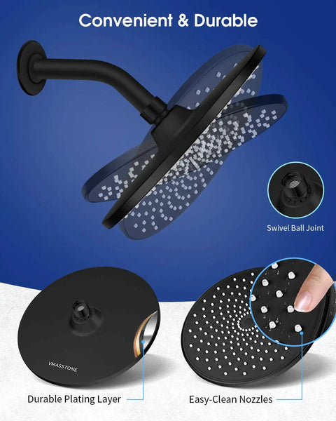 9 Inch Rain Shower Head With 200 Nozzles For Gentle Spa Level Water Flow And High Pressure Performance Large Surface Coverage Tool Free Installation Matte Black Finish EM 001 showing swivel ball joint and easy-clean nozzles