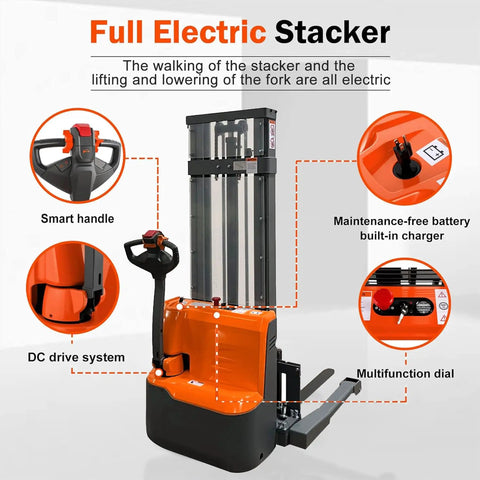Heavy Duty Full Electric Walkie Pallet Stacker With Straddle Legs showing smart handle and built-in charger features.
