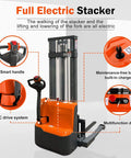 Lightweight Full Electric Pallet Stacker Delivering Rock Solid 2640 Lb Lift Capacity Up To 98 Inches With Fully Adjustable Forks, showcasing smart handle and battery.