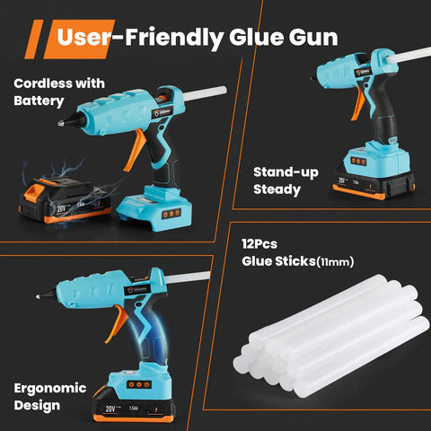 Pro Grade Cordless Full Size Glue Gun For DIYers With 20V Battery, Temperature Adjustable LCD Display, glue sticks shown