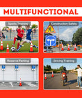 Collage showing uses of 28 Inch Orange PVC Traffic Cones Eight Pack With Heavy Duty Black Bases And Reflective Collars