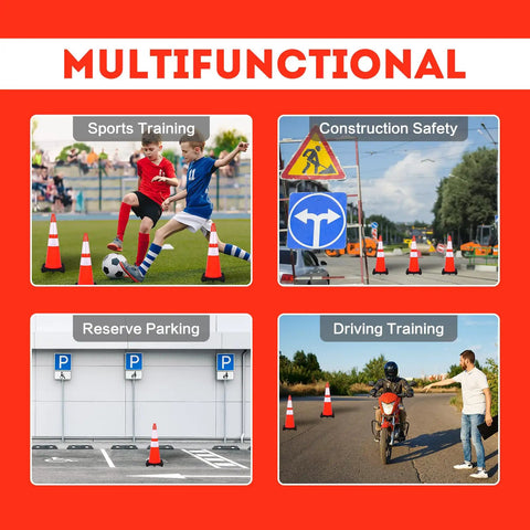 Collage showing uses of 28 Inch Orange PVC Traffic Cones Eight Pack With Heavy Duty Black Bases And Reflective Collars